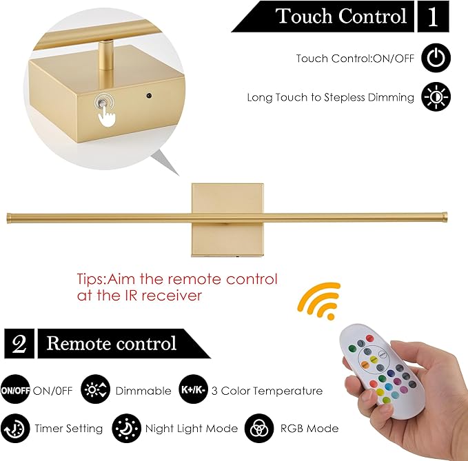 KARTOOSH 28.3 Inch 9 RGB Color Battery Operated Wireless Wall Sconces Set of Two, with Remote, Dimmable, Warm/Natural White/Daylight, Rotatable, LED Wall Light for Living Room, Bedroom, Gold