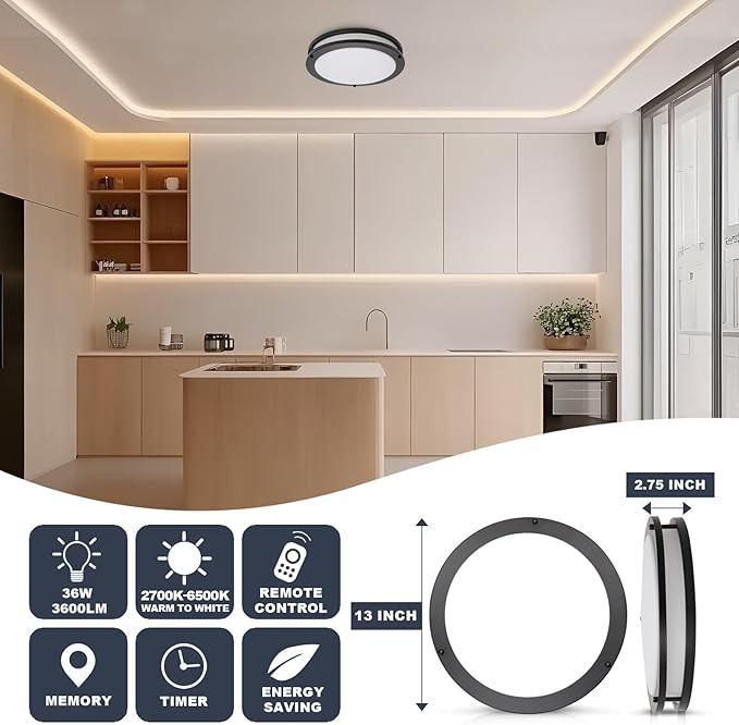OOWOLF 13.01inch LED Flush Mount Ceiling Light Fixture Remote Dimmable Brushed Nickel, Easy Install LED Ceiling Lamp Without Flicker, Super Bright 36W 3600LM Warm to White Light 2700K to 6500K 2-Pack