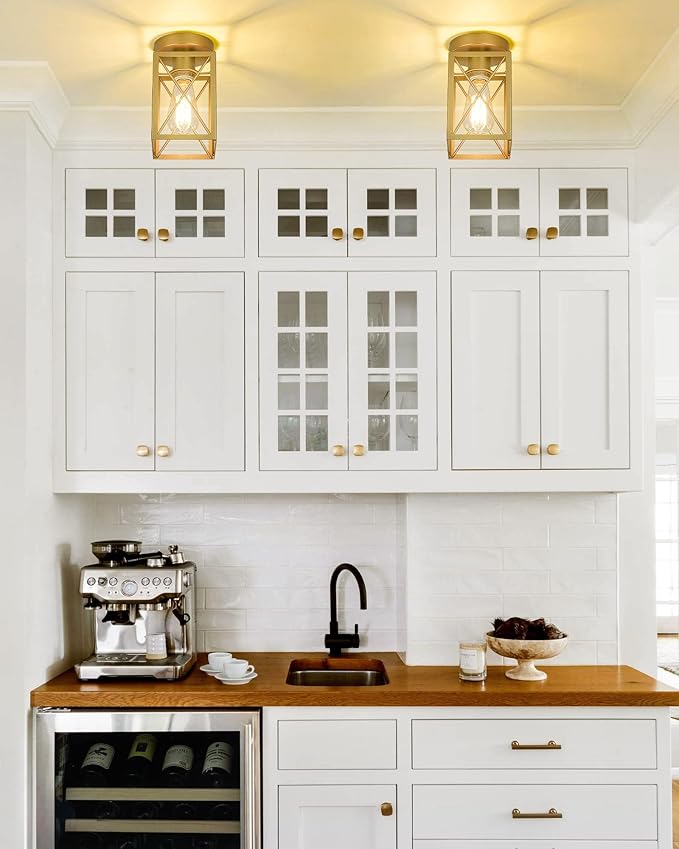 Ken & Ricky Hallway Flush Mount Ceiling Light,Cage Farmhouse Light Fixture Hardwired for Kitchen Over Sink,Bathroom,Laundry Room Entryway,Industrial Vintage Style,Single E26 Bulb（Gold,2PK）