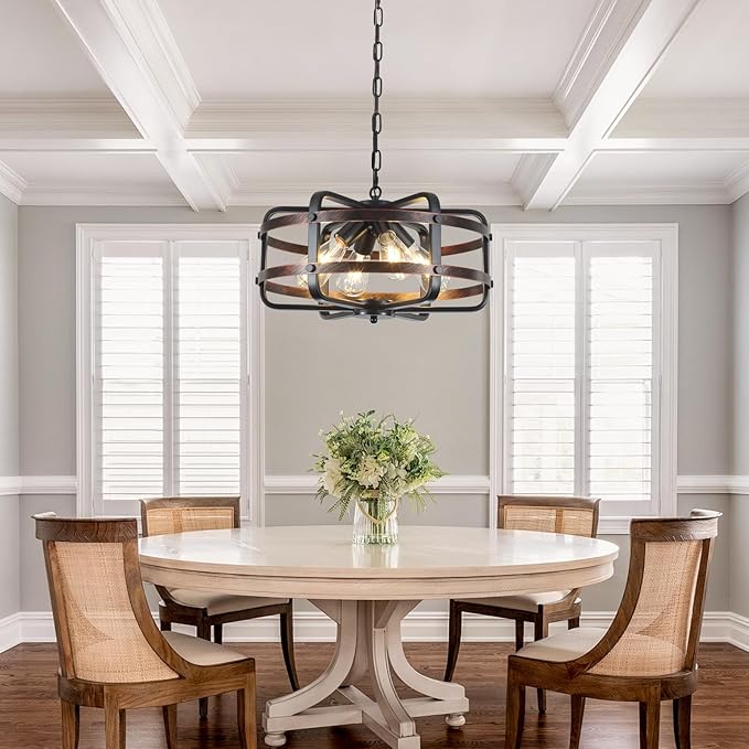 17.71" Modern Farmhouse Chandelier 4-Lights Cage Industrial Black Chandeliers for Dining Room Light Fixture Rustic Lantern Pendant Vintage Lighting Fixtures for Foyer Kitchen Entryway Living Room E26