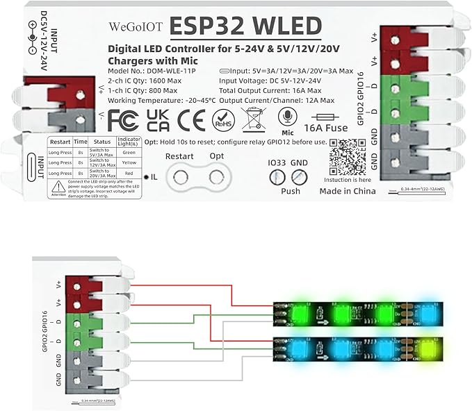 ESP32 WLED Controller with 16A Fuse for 5V-24V LED Strip Dynamic RGB IC DIY Port WiFi App Control Easy Wiring FCOB Addressable Strip Light (DOM-WLE-11P with Mic)