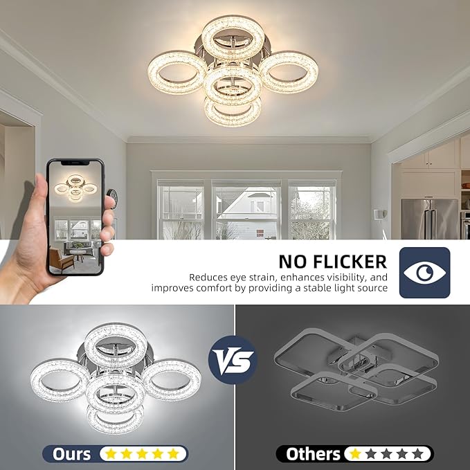 OKELI Modern Ceiling Light, 5 Rings 16.9'' Dimmable LED 49W Flush Mount Ceiling Lights with Remote Acrylic Crystal Round Ceiling Light Fixture, Bedroom Living Room Dining Room, Chrome