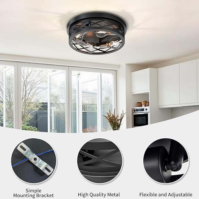 LVWIT 13.8 Inch Flush Mount Ceiling Light Fixtures, 4-Light Black Hallway Light, Round Light Fixtures Ceiling Mount for Kitchen Entryway Hall ((E26 Base, Bulbs Not Included)