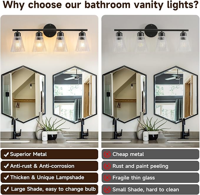 4-Light Bathroom Vanity Light, Matte Black Bathroom Light Fixtures Over Mirror with Stripe Glass, Modern Wall Lamp, Black Wall Sconces for Living Room Bedroom Kitchen Hallway
