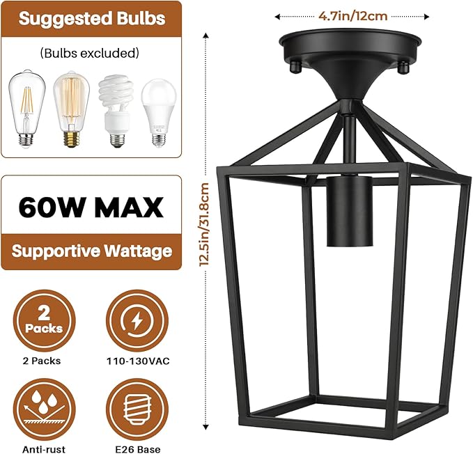 BesLowe 2-Pack Farmhouse Semi Flush Mount Ceiling Light Fixtures for Hallway, Industrial Close to Ceiling Lighting for Entryway Kitchen Foyer Laundry, Black