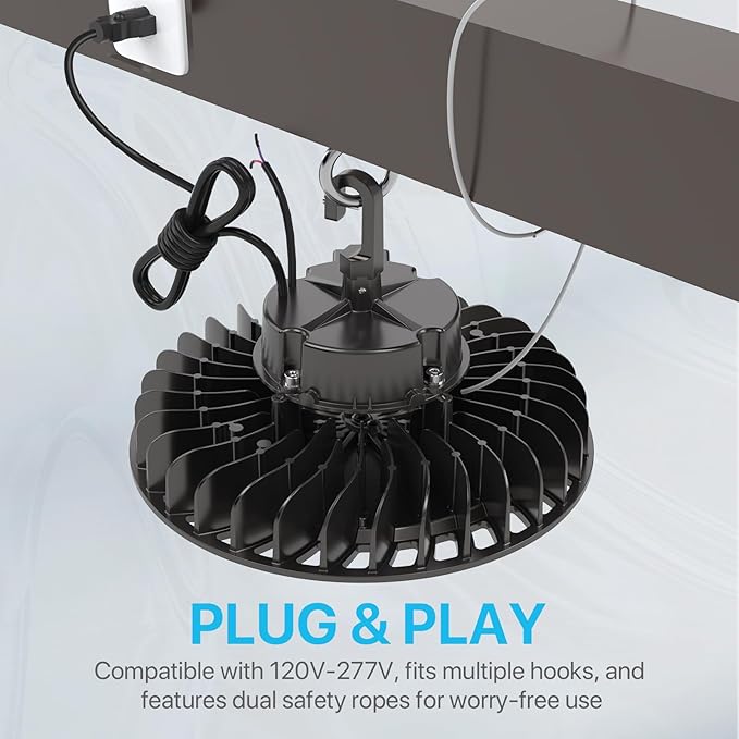 HYPERLITE LED UFO High Bay Lights 250W 36,250lm 1-10V Dimmable 5000K 5' Cable with 110V Plug Hanging Hook Safe Rope UL Listed for Shopping Mall Stadium Exhibition Hall
