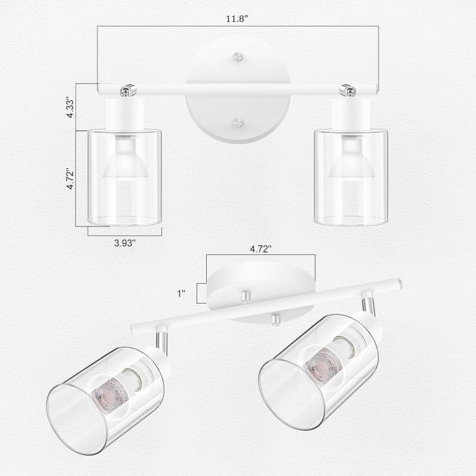 BoostArea 2-Light Bathroom Light Fixtures, White Modern Vanity Wall Lights with Clear Glass Shade, Flexibly Ceiling Light for Mirror Kitchen Living Room Hallway Cabinet Porch
