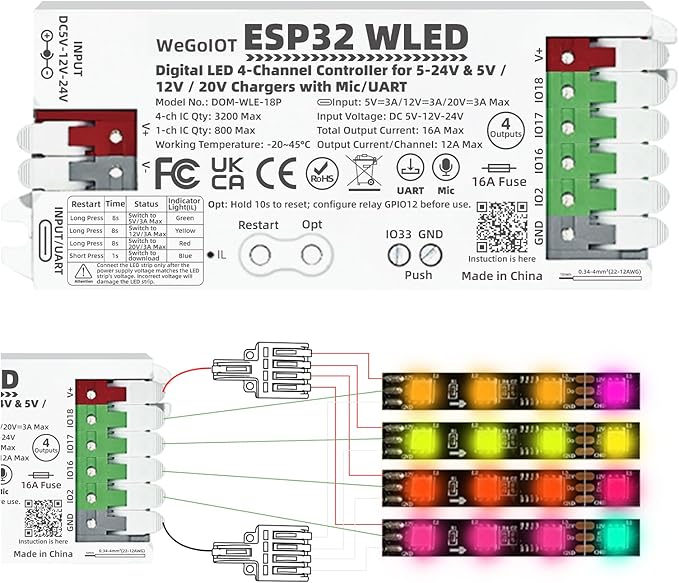 ESP32 WLED Controller with 16A Fuse for 5V-24V LED Strip Dynamic RGB IC DIY Port 4 Channel WiFi Controller App Control Easy Wiring FCOB Addressable Strip Light (DOM-WLE-18P with Mic/UART)