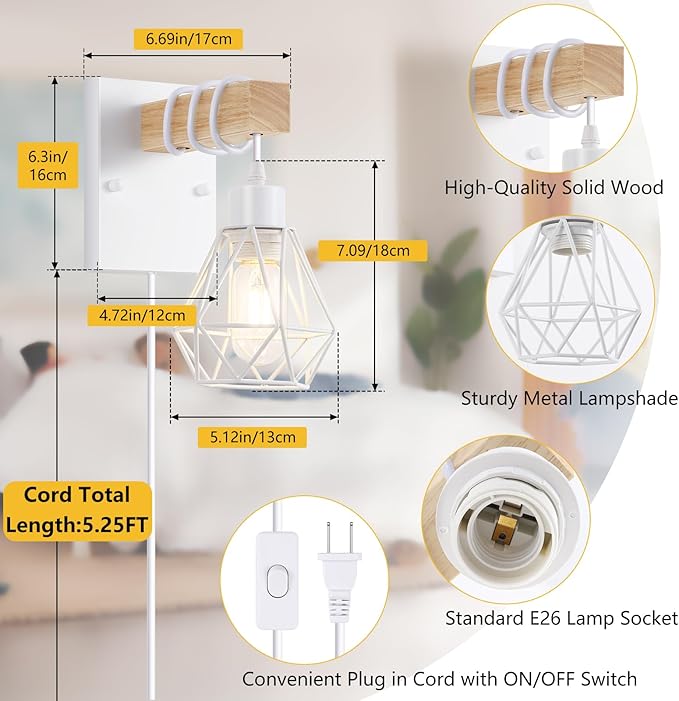 Lomoky White Plug in Wall Sconces Set of Two, Modern Wall Lights with 5.25FT Plug in Cord, Wooden Bedside Wall Lamps with Metal Shade, Industrial Wall Lighting Decor for Living Room, Hallway, Stairs