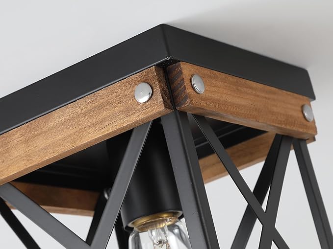 Rustic Farmhouse Wood Flush Mount Ceiling Light Fixture Oak Wood and Metal Square Cage Small Semi Flush Mount Ceiling Light for Kitchen Hallway Entryway Bedroom Farmhouse Country, Black