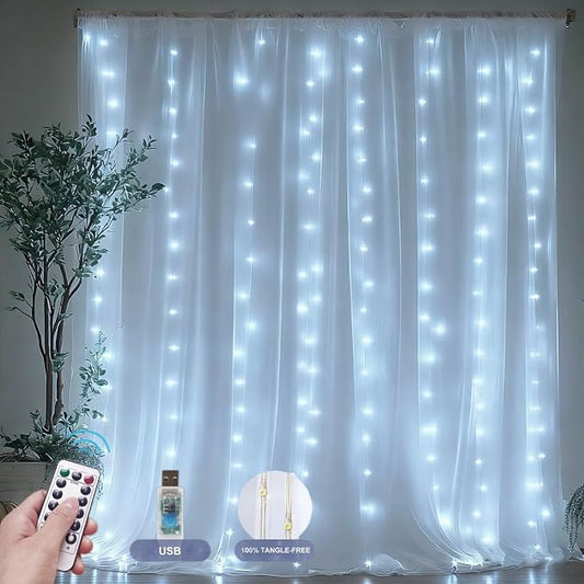 Fairy Curtain Lights Upgraded Tangle-Free Cool White USB Plug in 8 Modes String Hanging Lights with Remote for Christmas, Bedroom, Indoor, Outdoor, Weddings, Party (10FTx10FT)