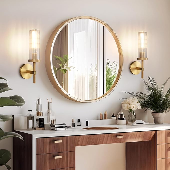 15" Knurled Brass Wall Sconce with Vertical Striped Glass Tube, Gold Bathroom Vanity Light Fixtures, Modern Lamp Lighting for Bedroom, Living Room, Hallway, Staircase, Mirror, Kitchen