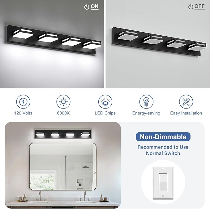 LED Modern Bathroom Light Fixtures, 4-Light 30-Inch Matte Black Vanity Lights for Bathroom Lighting Fixtures Over Mirror, 6000K Cool White 350° Rotatable Wall Lamp