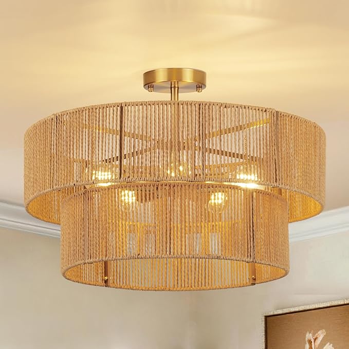 22” Boho 2-Tier Rattan Ceiling Light Fixture, 5-Light Flush Mount Woven Chandelier for Bedroom, Dining Room, Kitchen, Entryway, Living Room, Rustic Gold Lighting