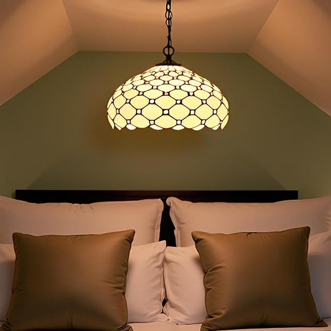 Tiffany Pendant Light Plug in Stained Glass Hanging lamp 12X12X181 Inch Hanging Lamp Living Room Bedroom Kitchen Dining Room Office(Cream Bead)