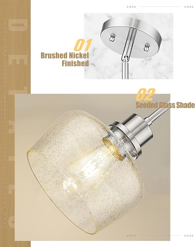 Emak Modern Brushed Nickel Pendant Lights Kitchen Island, 2 Pack 8 Inch Seeded Glass Pendant Light Fixtures for Kitchen Island, Bathroom, Bedroom, Dining Room, PL122-BN-2PK