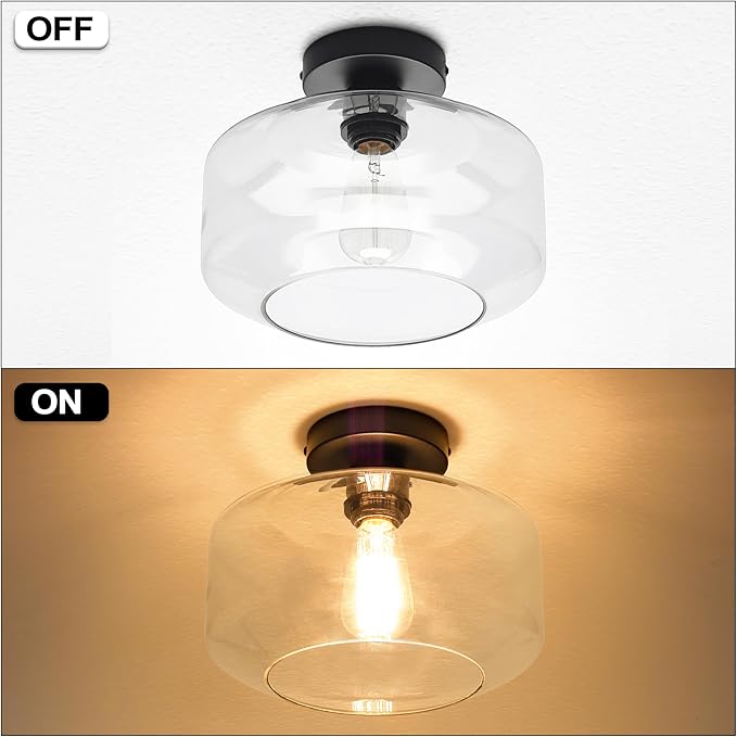 MAXvolador Industrial Semi Flush Mount Ceiling Light Large, Clear Glass Pendant Lamp Shade, Lighting for Hallway, Vintage Hanging Light Fixtures
