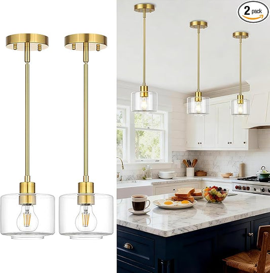 Brushed Gold Pendant Lights Kitchen Island 2 Pack, Modern Clear Glass Hanging Light Fixtures with Rods, Mini Kitchen Pendant Lighting Over Island for Sink Bathroom, OS-YQ8153-2PBGC