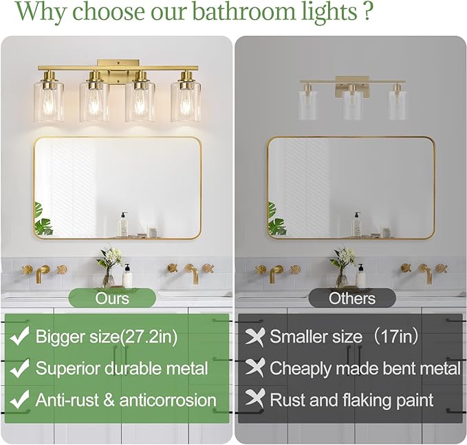 MOKATNG 4-Light Bathroom Light Fixtures, Vanity Light with Clear Glass Shades, Brushed Gold Bathroom Light Fixtures Over Mirror, Modern Bathroom Wall Lamp for Mirror Living Room Cabinet Bedroom