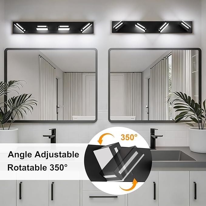 LED Modern Bathroom Light Fixtures, 4-Light 30-Inch Dimmable 5CCT Adjustable Matte Black Vanity Lights for Bathroom Lighting Fixtures Over Mirror, 350° Rotatable Wall Lamp