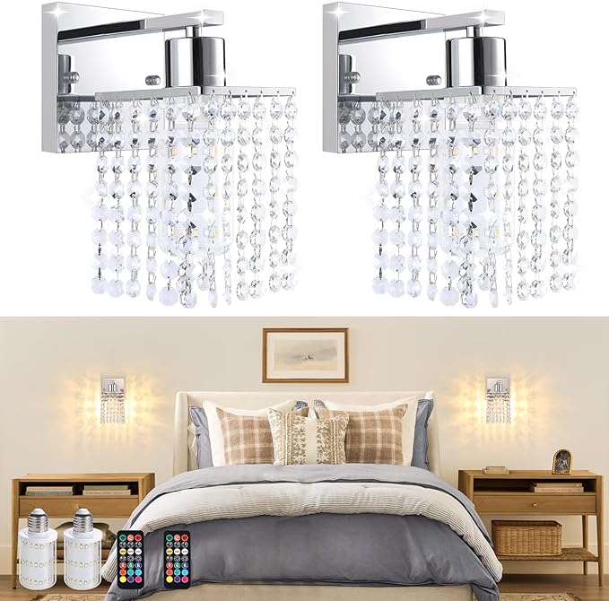 Shenmoyl Set of 2 Crystal Battery Operated Wall Sconce,Rechargeable Wall Lamp with 5200mAh Battery & Remote Control, Modern Dimmable Wireless Wall Lights for Bedroom Bathroom (Clear, Silver Base)