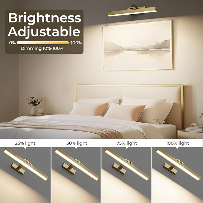 Afyuol Picture Lights for Wall, Brushed Gold Battery Operated Picture Light 16in Art Light CCT Dimmable Recharging Battery Wall Light with Remote Control for Living Room Gallery