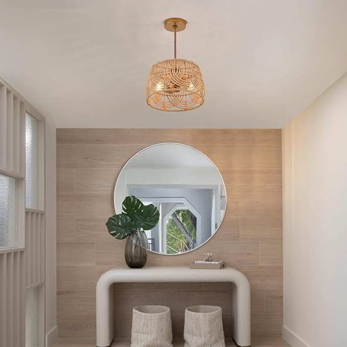 Woven Rattan Bamboo Brass Pendant Lights，Wicker Light Fixture Hanging Lamp for Entryway Bedroom Hallway Kitchen Island Corridor Foyer Passway 2-Light