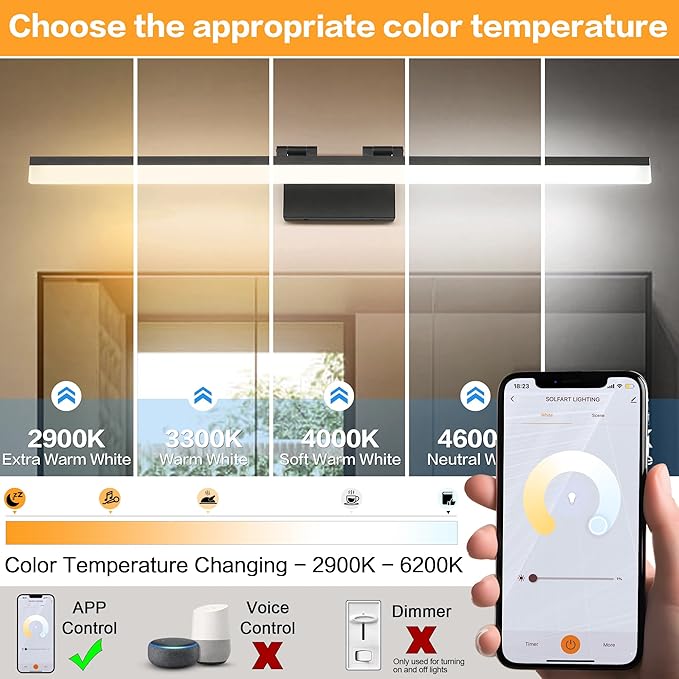 SOLFART Adjustable Color Temperature Dimmable Bathroom Light Fixtures Vanity Light Black LED Bathroom Vanity Light Over Mirror 39.4 Inch APP Control Modern Light