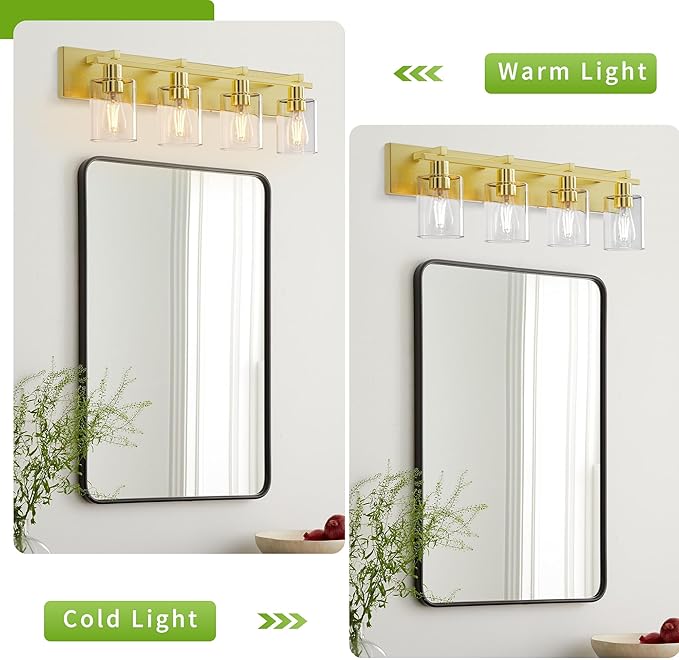 Espird Bathroom Vanity Light, 4 Light Gold Light Fixture with Thickened Clear Glass Shade, 24 inch Modern Wall Sconce,Vanity Light Over Mirror for
