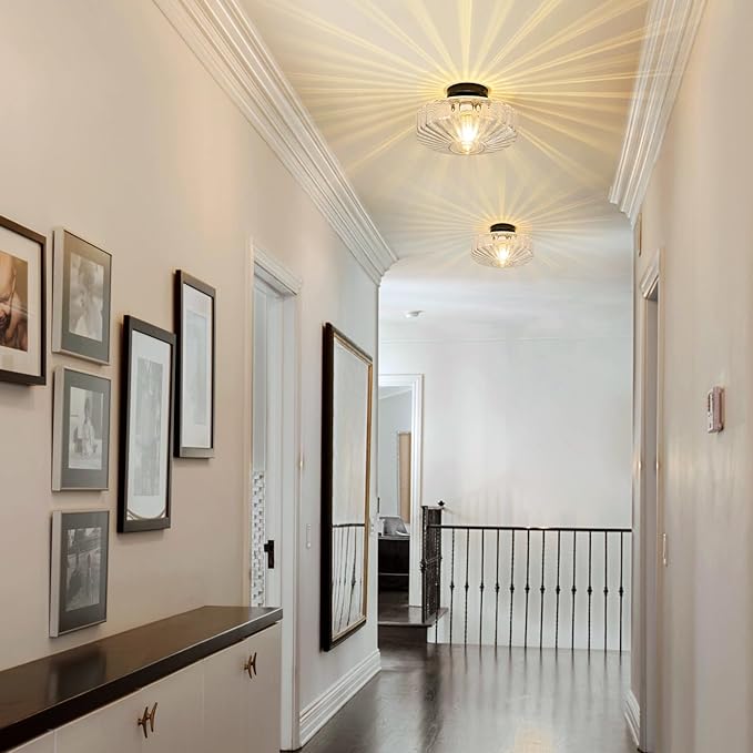 Glass Semi Flush Ceiling Lights - 12 in Vintage Mid Century Modern Lighting Fixture - Black Drum Unique Art Deco Mount Light Fixtures for Hallway Entry Way Hall Kitchen Dining Laundry Room Foyer Porch