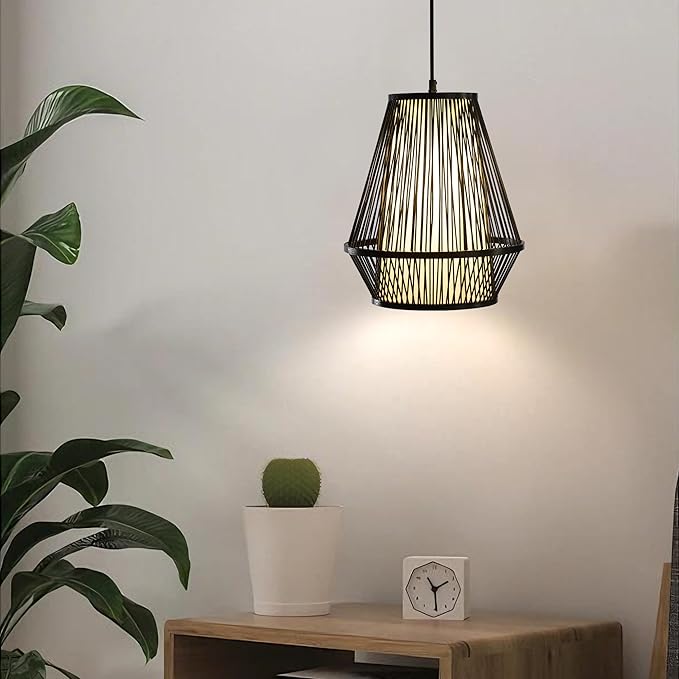 Boho Rattan Pendant Light, 12" Handwoven Bamboo Wicker Basket Shade Pendant Light Fixture, Natural Rustic Farmhouse Chandelier for Kitchen Island, Dining Room, Bedroom