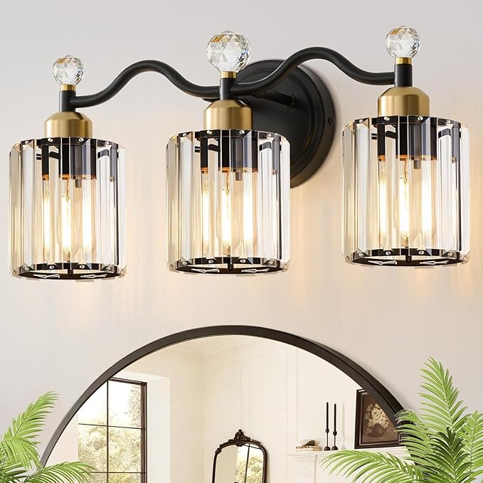 Modern Crystal Bathroom Vanity Light,Balck and Gold 3-Lights Bathroom Light Fixtures, Vanity Light Fixtures Over Mirror, Glass Wall Sconce Light for Bedroom, Kitchen, Living Room, Gallery, E26 Base