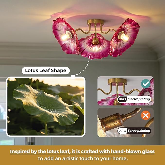 Flower Glass 3 Lights Ceiling Light - Red Vintage Floral Semi Flush Mount Chandelier Lighting Fixtures - Mid Century Modern Art Deco Lamps for Bedroom Bathroom Hallway Foyer Hall Kitchen Living Room