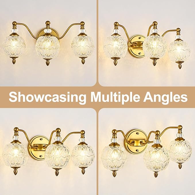 Vintage Bathroom Vanity Light, 3-Light Mid Century Matte Brass Finish Wall Sconce with Globe Glass Shades, Retro Mirror Light for Bathroom, Powder Room