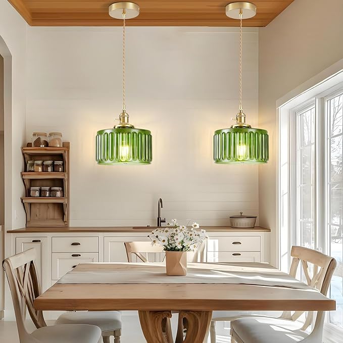 2 Pack Industrial Pendant Lighting, Modern Green Glass Shade Farmhouse Adjustable Hanging Light Fixtures for Kitchen Island Living Room Bedroom Hallway, Green