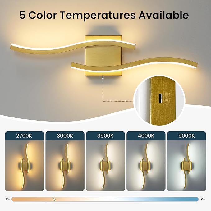 WOSHITU Gold LED Bathroom Vanity Lights: 23.6 Inch 24W Bathroom Lighting Fixtures Over Mirror 5CCT Dimmable 2700-5000K Vanity Lights Modern Bath Sconces Wall Light for Mirror Bedroom Living Room