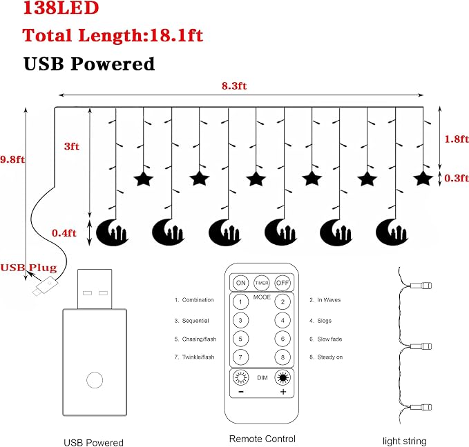 Dazzle Bright Moon Star and Fairy Tale Castle String Lights, 138 LED Muslim Curtain Fairy String Lights, 8 Lighting Modes for Home Holiday Ramadan Christmas Wedding Party Xmas Eid Decorations(USB)