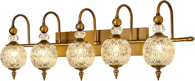 Piepooye Vintage Bathroom Lights Fixtures Gold Vanity Light with Glass Globe LampShade 5 Light Brushed Brass G9 Bulb Wall Sconce Antique Indoor Vanity Light Over Mirror for Kitchen Bedroom Living Room