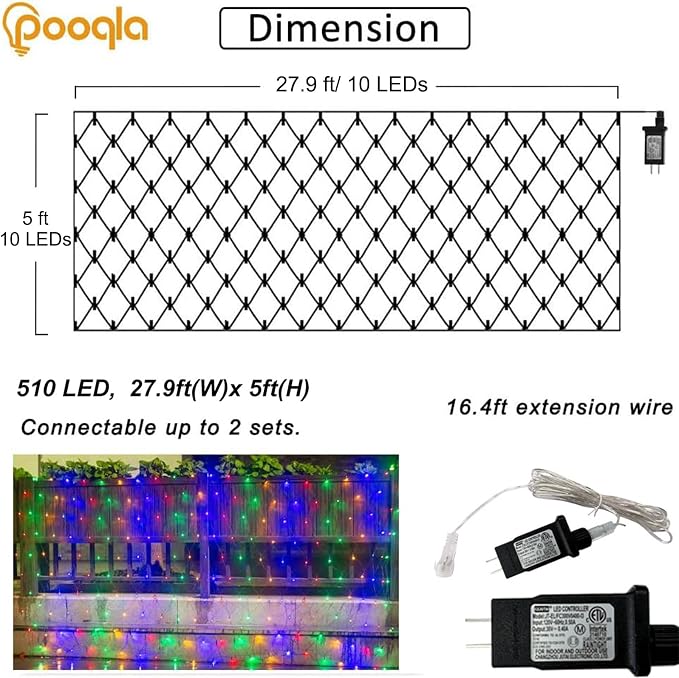 Christmas Net Lights, 510 LED Large Outdoor Net Mesh Lights for Bushes 28x5 ft, 8 Modes Waterproof Twinkle String Lights Connectable for Christmas Hedge Yard Garden Party Decor, Colorful