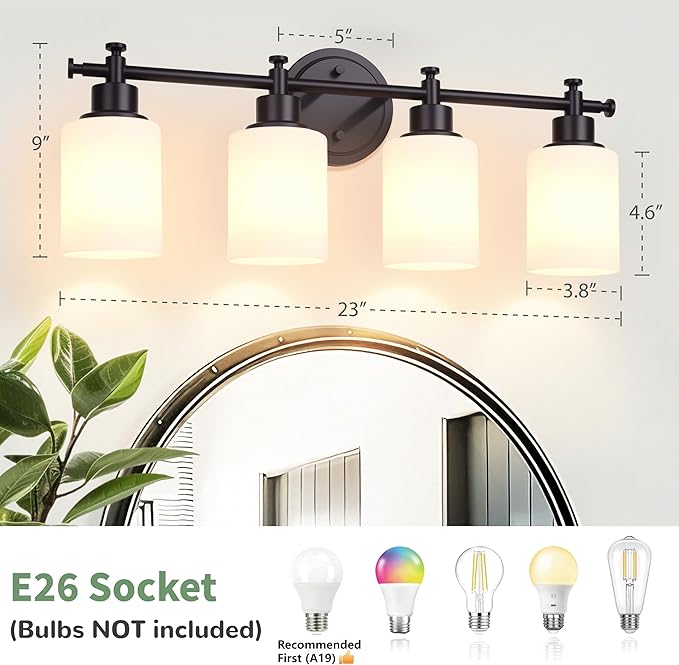 4-Light Bathroom Vanity Light, Black Vanity Lights for Bathroom, Modern Wall Sconce with White Glass Shades, Anti-Rust Vanity Light Fixture over Mirror, 23 Inch (Bulbs Not Included, E26 Base)