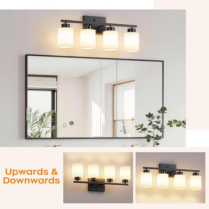 PARTPHONER 4-Light Matte Black Bathroom Light Fixtures, Modern Vanity Light Over Mirror Lighting, Wall Sconce with Frosted Milky White Glass Shades for Bedroom Living Room Kitchen Hallway