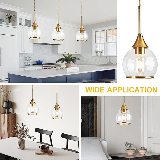 1-Piece Island Light for Kitchen, 1-Light Gold Kitchen Island Hanging Pendant Light with Clear Round Glass Shades, Brushed Gold Finish Dining Room Light Fixture Over Table