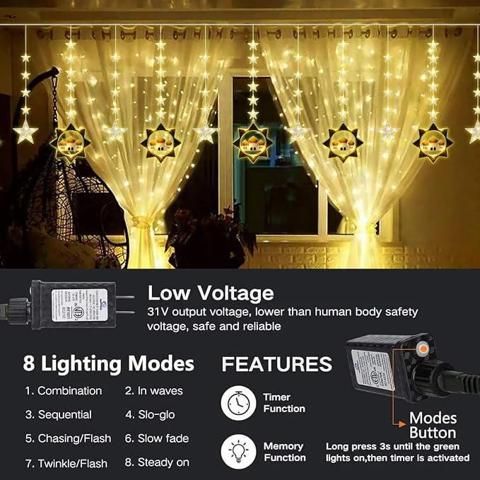 Vigdur Ramadan Star Curtain Lights, 120 LEDs Eid Mubark Castle Curtain Fairy Lights with Remote & 8 Lighting Modes, Ramadan Decoration Lights for Home Holiday Eid Decorations(10FT)