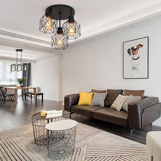 3 Lights Industrial Ceiling Light Fixtures,Iron Cage Ceiling Lamp Pendant Lighting,3-Light Close to Ceiling Light Fixtures, Modern Chandelier for Bedroom Entryway Kitchen Hallway