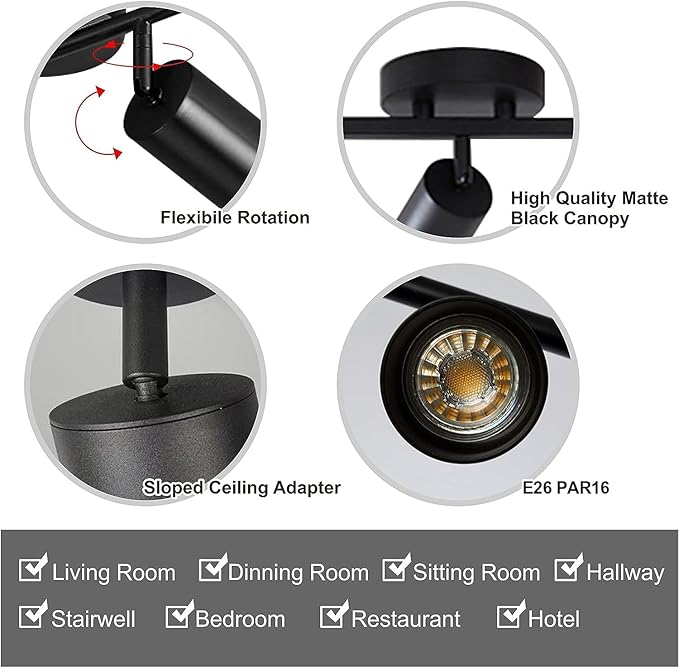 KCO Lighting 5 Light LED Track Lighting Adjustable 5 Way Ceiling Mount Spotlights Matte Black for Kitchen Gallery Dining Room (5-Light)