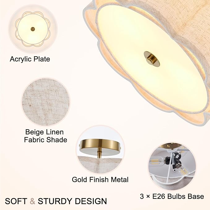 Semi Flush Mount Ceiling Light, Beige Linen Fabric Shade Ceiling Light, Golden Modern Farmhouse Close to Ceiling Light for Bedroom, Laundry Room, Hallway, Living Room, Dining Room