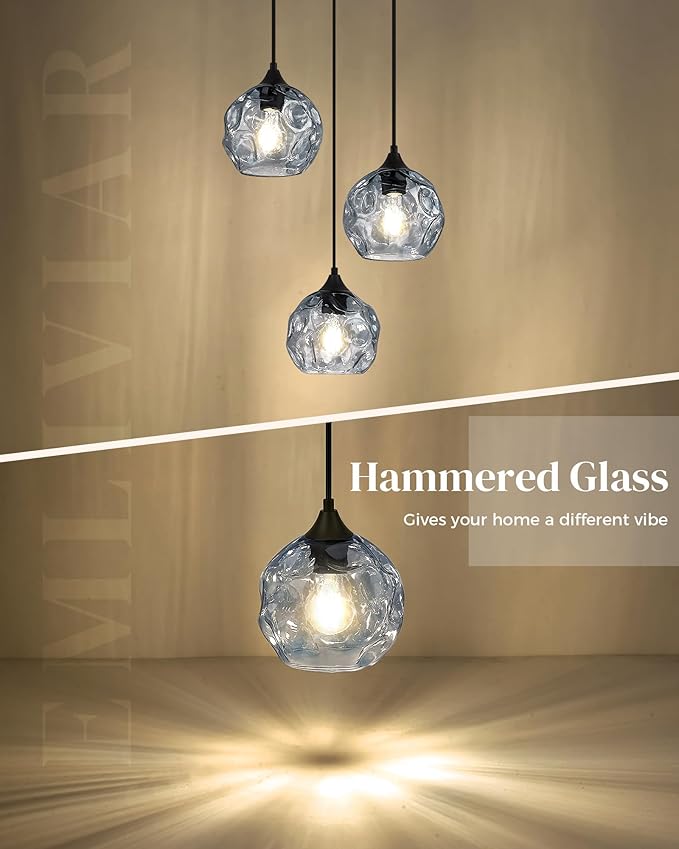 Emliviar 3-Light Globe Hanging Lights, Foyer Chandeliers with Hammered Glass Shade, Cluster Hanging Lights in Blue Finish, DYE287G1-3 BK