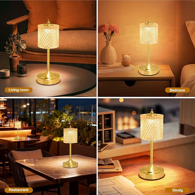 Cordless Crystal Table Lamp, 5200mAh Rechargeable Battery, 3 Color Dimmable Touch Control, Portable Vintage Gold Desk Lamp for Bedroom, Nightstand, Living Room, Home Decor (Amber)