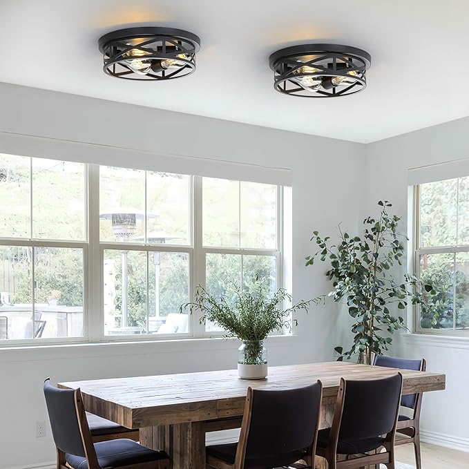 3-Lights Farmhouse Flush Mount Ceiling Lights, 13 Inch Indoor Cage Close to Ceiling Light Metal Black Rustic Style Ceiling Light Fixtures for House Kitchen Bedroom Entryway