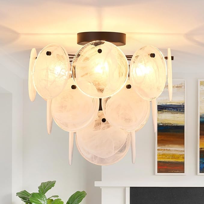 Modern Flush Mount Glass Ceiling Light, Black Hallway Lights Vintage Chandelier, 4-Light Unique Light Fixture for Bedroom Entryway Kitchen Laundry Bathroom Farmhouse